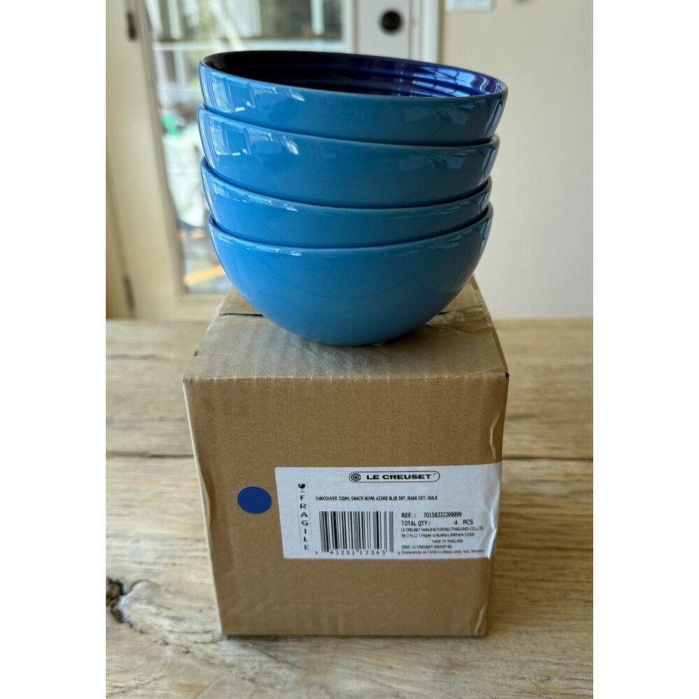 Le Creuset Stoneware Set of 4 11 oz Vancouver Snack Bowls Azure Blue NEW